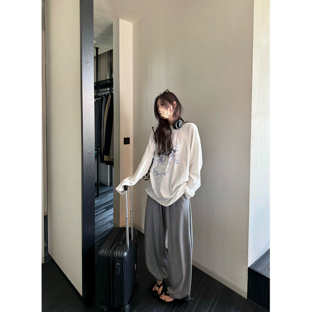 Superniniyy Rabbit Restaurant & Line Slim Loose Cotton Cartoon Long Sleeve Sun Protection Top T-shirt