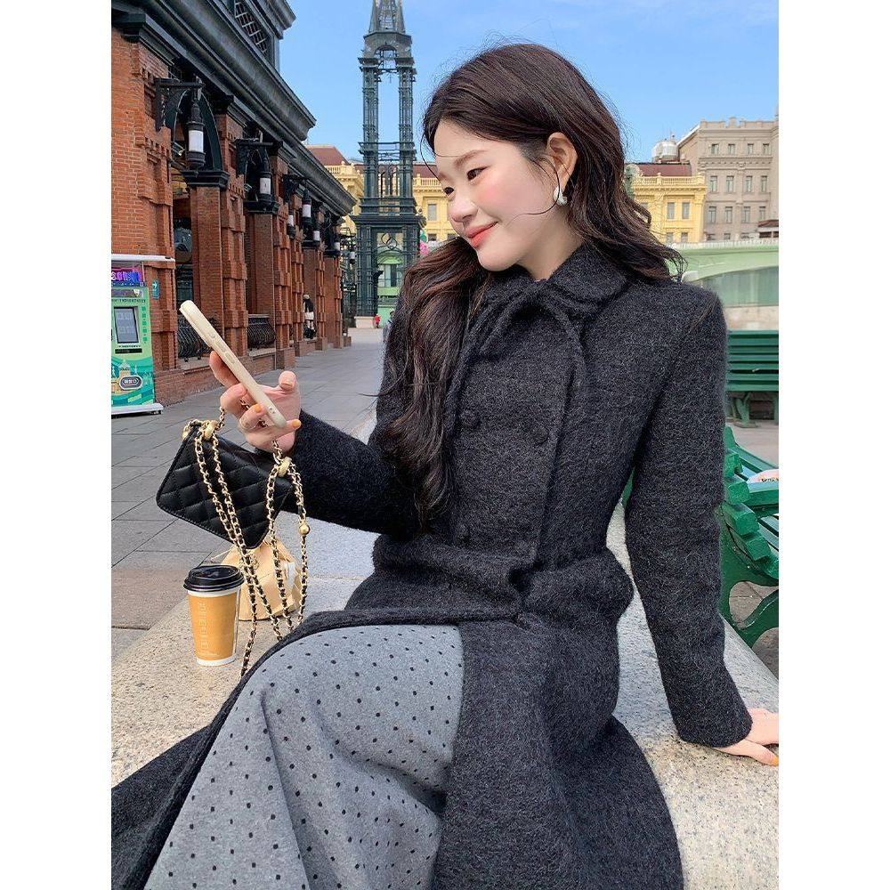 冬日欧尼 韩版气质高智感翻领双排扣千金风秋冬中长款毛呢外套女,淘宝优惠券,粉丝福利购,淘宝优惠卷
