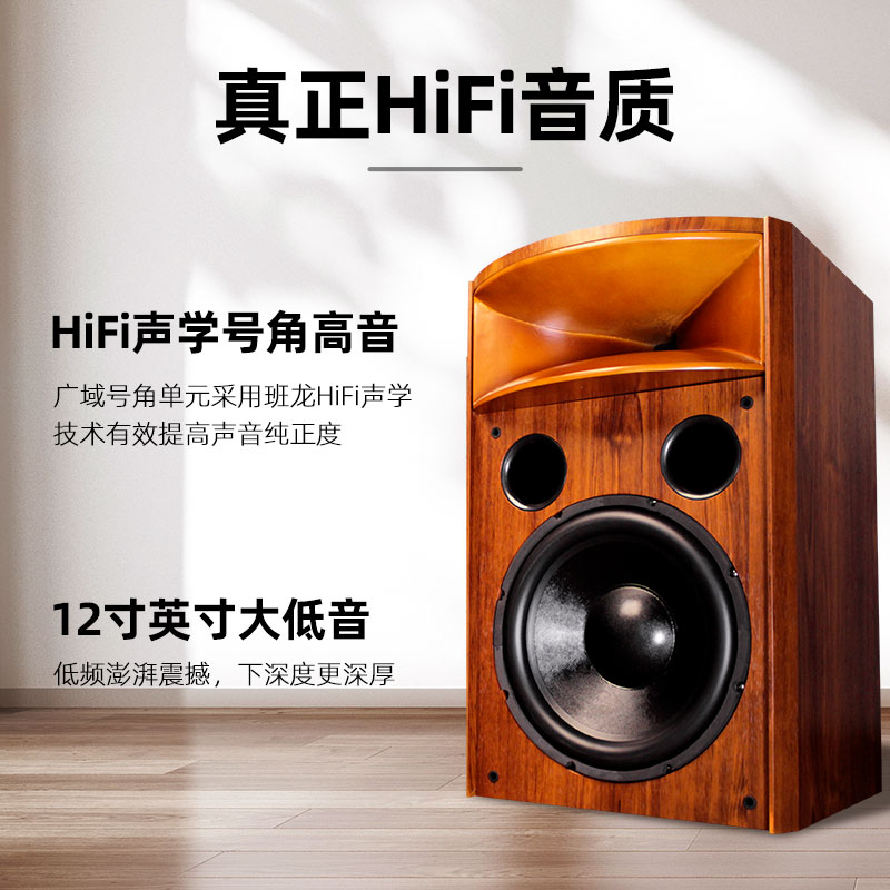 18年诚信店 班龙H15发烧级书架音箱实木号角12寸音箱hifi无源音响 - 图1