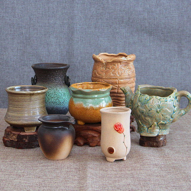 Succulent plant succulent flower pot flower pot creative personalized flower pot green plant potted flower pot flowing glaze stoneware breathable flower pot