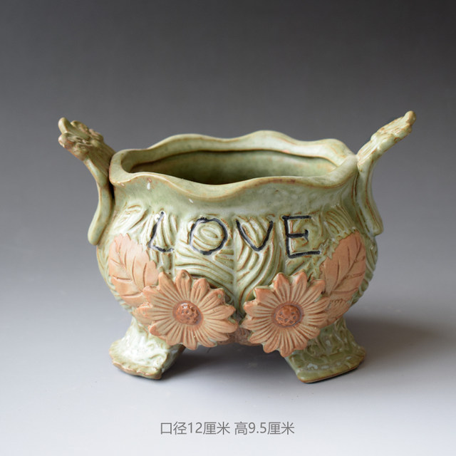 Retro succulent flower pots, green plant pots, ceramic flower pots, personalized succulent old pile pots, coarse pottery, breathable simple large flower pots