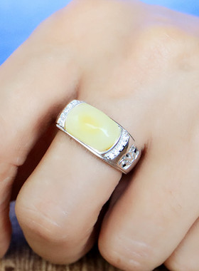 纯银镶嵌蜜蜡琥珀戒指空托