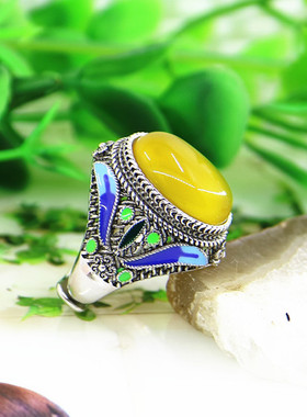 宏利925纯银戒指空托掐丝景泰蓝