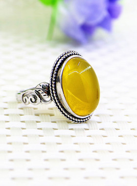 纯银镶嵌欧式蜜蜡复古戒指空托