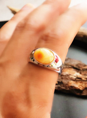 纯银戒指空托镶嵌蜜蜡玉石宏利