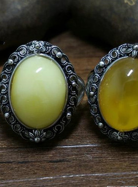 纯银开口镶嵌琥珀蜜蜡戒指空托