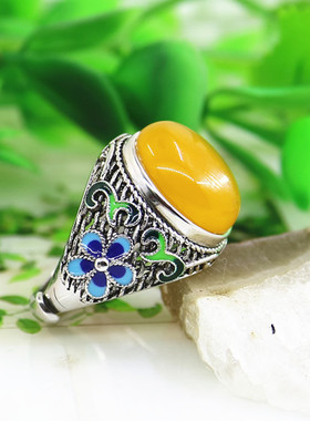 纯银镶嵌掐丝景泰蓝琥珀戒指空托