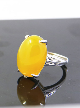 纯银镶嵌蜜蜡戒指空托