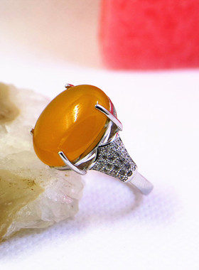 纯银镶嵌蜜蜡玉石戒指空托