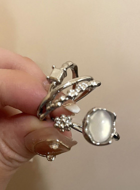 月光石三件套戒指女甜酷风设计感指环复古开口食指戒几何型不规则