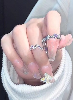 ins甜美风紫钻爱心锆石开口戒指女四芒星小众冷淡风轻奢个性指环