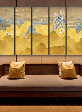 中式竖版装饰画抽象黄色意境风景画酒店大堂四联画茶室瑞鹤图挂画