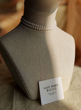 XL新款哥特式复古优雅风仿制小珍珠蕾丝黑白拼色颈链锁骨链细项链