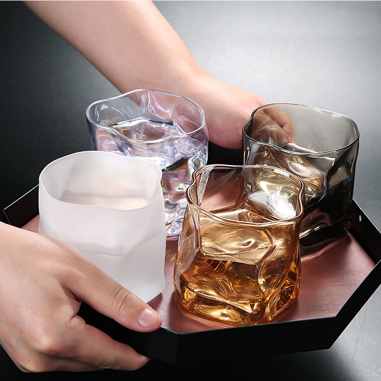 网红异形玻璃杯金边茶水杯磨砂威士忌洋酒杯创意扭纹啤酒杯果汁杯-图2