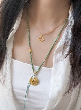 精致高档仿绿松小米珠项链女毛衣链锁骨链挂黄金玉佩吊坠百搭