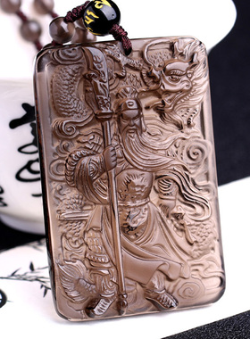 天然黑曜石武财神关公吊坠关二爷