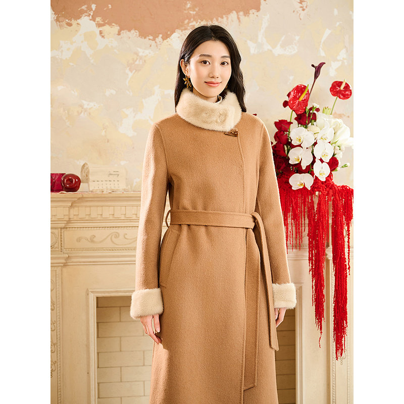 YINER音儿专选2025冬季新款水貂毛领口撞色拼接羊毛羊绒混纺大衣,淘宝优惠券,粉丝福利购,淘宝优惠卷