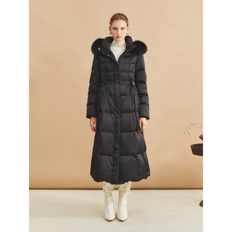 YINER音儿女装冬季长款过膝高克重保暖狐狸毛领连帽白鹅绒羽绒服,淘宝优惠券,粉丝福利购,淘宝优惠卷