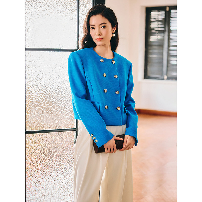 【1996系列】YINER音儿2026春季新款时尚复古双排扣短款圆领外套,淘宝优惠券,粉丝福利购,淘宝优惠卷