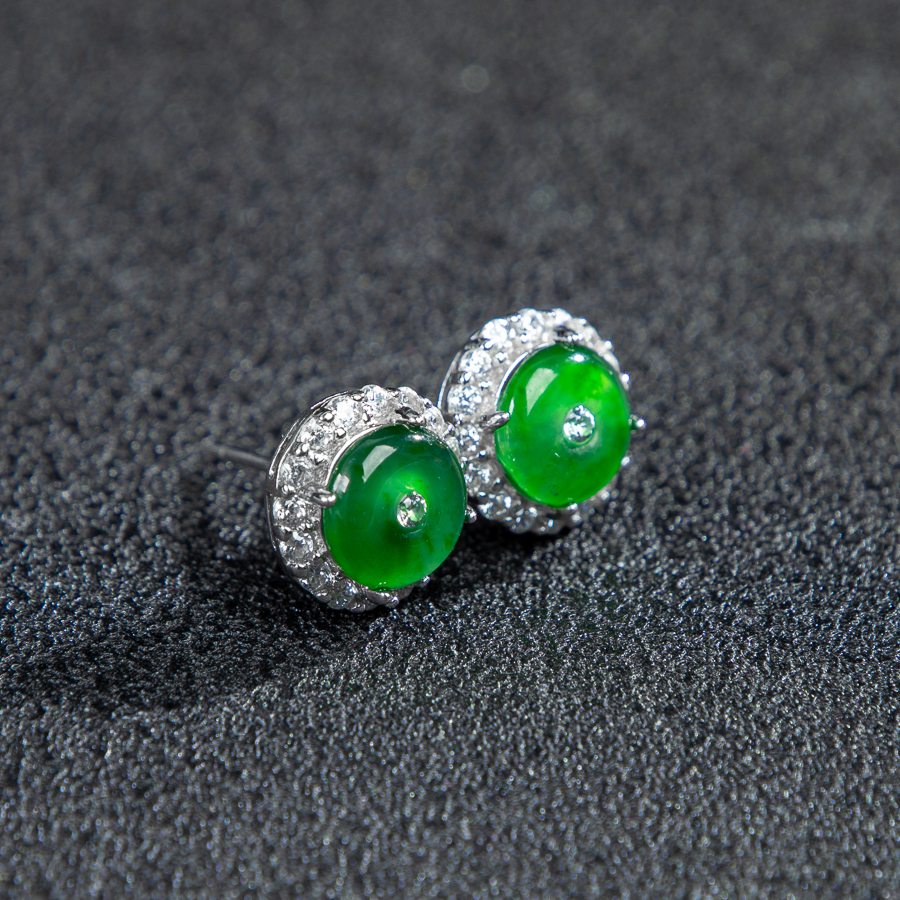 时尚S925银镶天然A货翡翠蛋面阳绿平安扣耳钉女士玉石耳饰带证书 - 图2