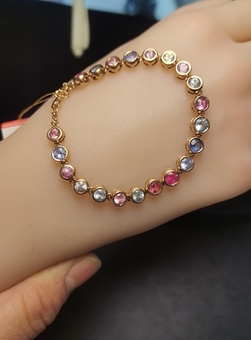 缅甸天然无烧彩色蓝宝石尖晶石18k金镶嵌手链