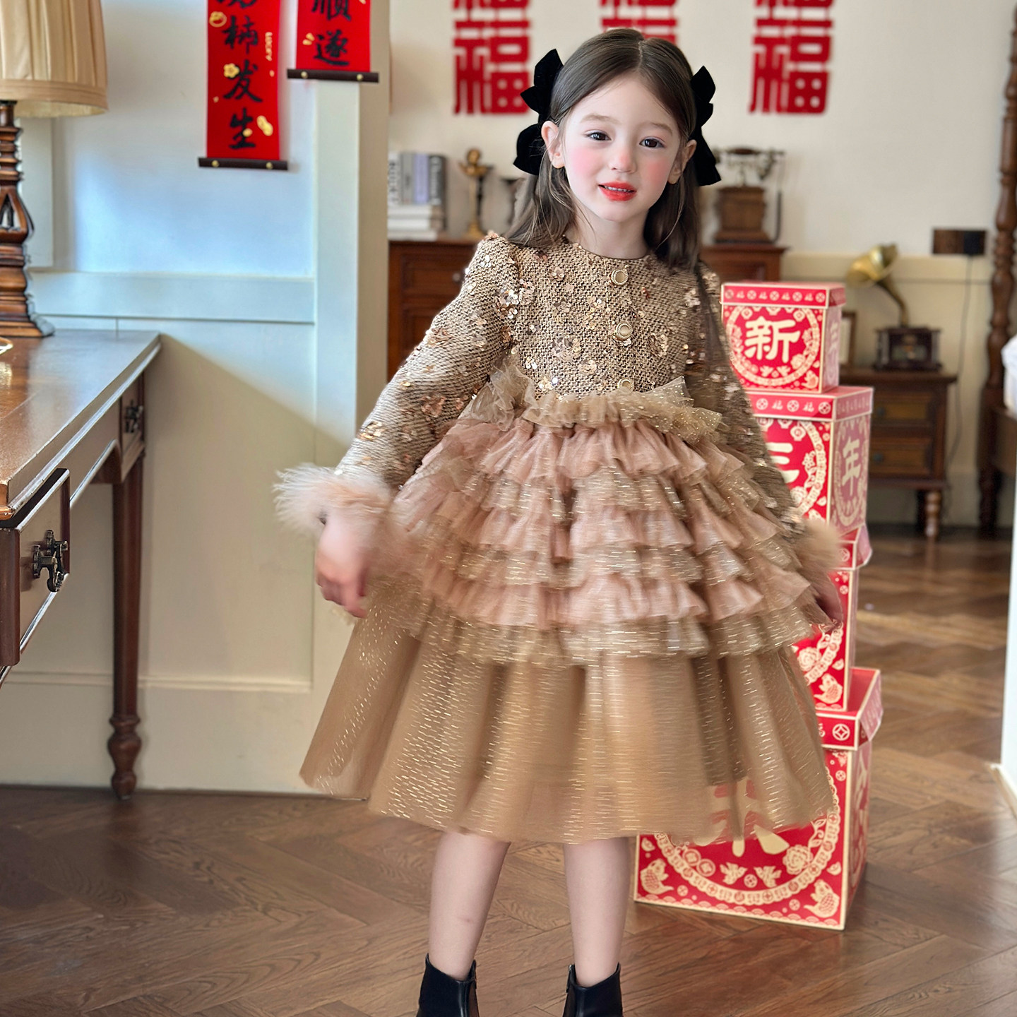 栀了成长记童装女童小香风亮片公主裙2025冬季儿童甜美加绒连衣裙,淘宝优惠券,粉丝福利购,淘宝优惠卷