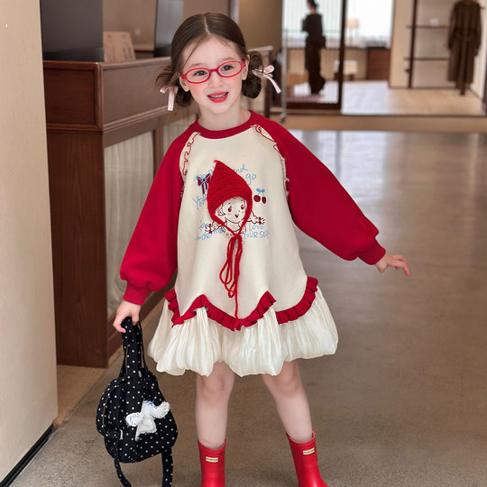 栀了成长记童装女童甜美印花卫衣裙2025秋季新款儿童插肩袖连衣裙