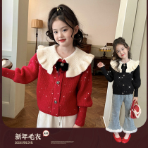 Gardenia Grow Remember Child Dress Girl Red Christmas Sweatshirt Autumn Winter 2023 New Children Lotus Leaf Collar Knit Cardiovert