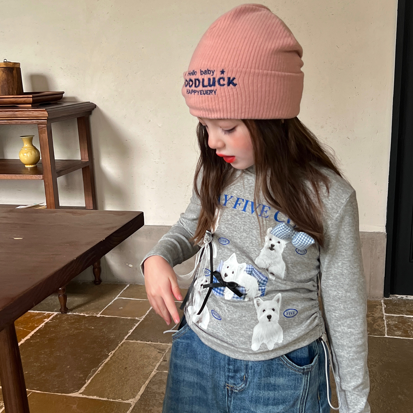 栀了成长记童装女童立体蝴蝶结韩版上衣秋季儿童宝宝长袖抽绳T恤 - 图0