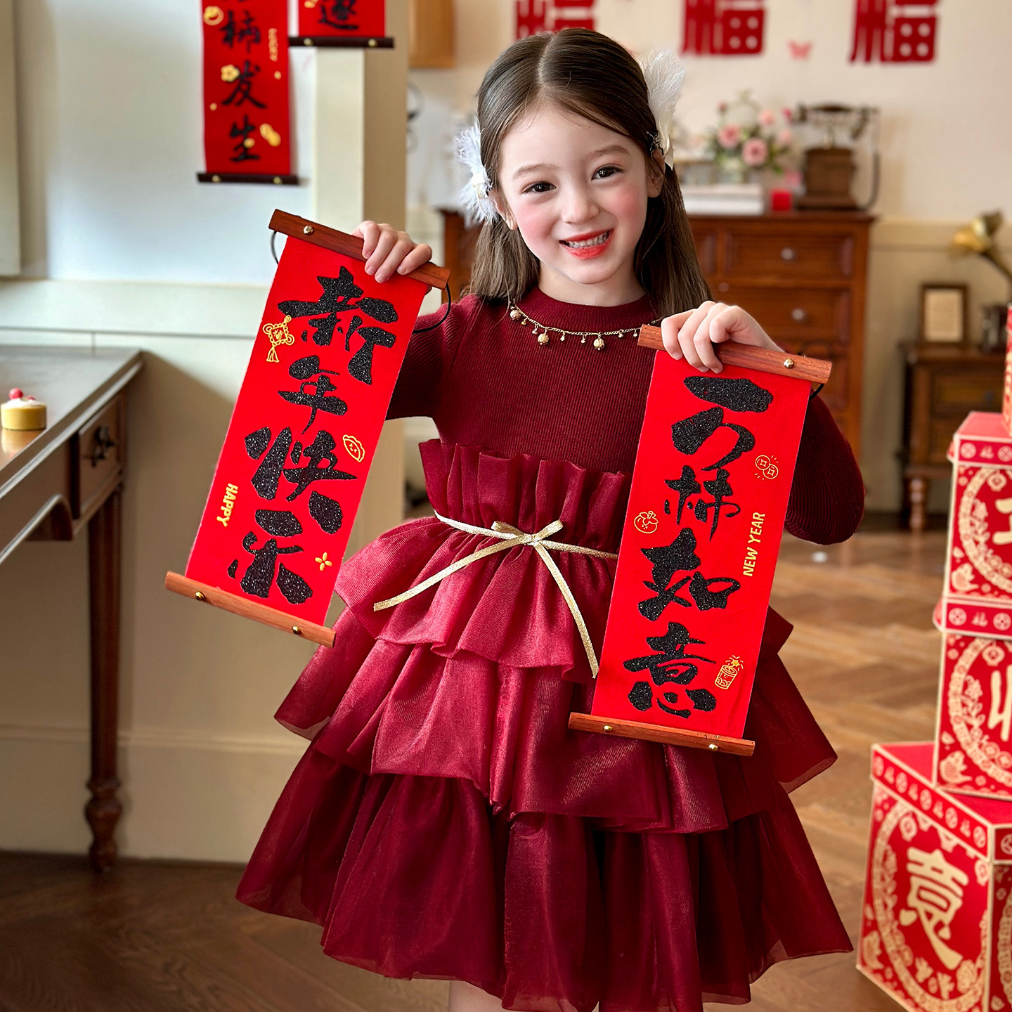 栀了成长记女童装红色针织连衣裙2025冬季儿童新年加绒网纱公主裙,淘宝优惠券,粉丝福利购,淘宝优惠卷