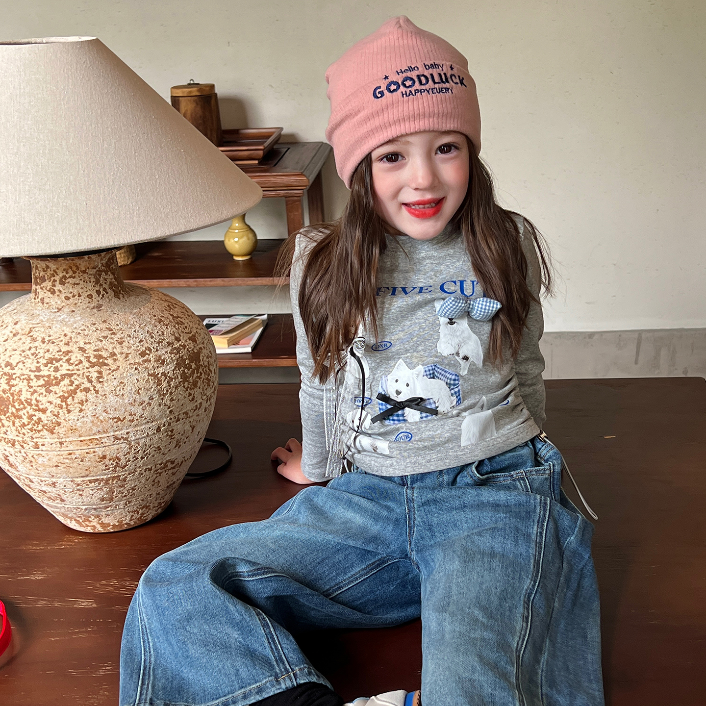 栀了成长记童装女童立体蝴蝶结韩版上衣秋季儿童宝宝长袖抽绳T恤 - 图1