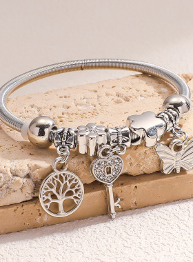 潘家风格新款DIY串珠女士手链生命树钥匙镶钻百搭可调节闺蜜手镯