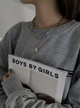 2021嘻哈酷潮个性流行方牌钛钢项链双层叠戴男女项链ins冷淡风