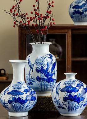 景德镇陶瓷器浮雕荷花青花瓷插花瓶客厅玄关装饰架家居饰品摆件