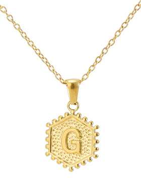 欧美风时尚钛钢六边形字母吊坠金色不锈钢26英文字母项链锁骨链女