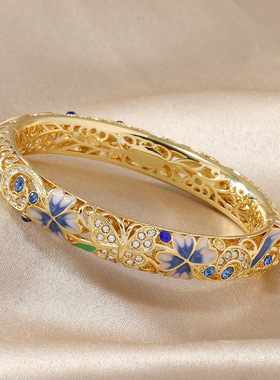 复古景泰蓝四叶草满钻镂空手镯开口珐琅旗袍镯子时尚古风送礼手饰