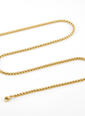 跨境欧美18K不锈钢方珍珠链条男女款嘻哈钛钢DIY用链方珍珠项链男