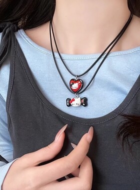 黑色串珠爱心hellokitty蝴蝶结吊坠锁骨链女童趣卡通可爱百搭项链