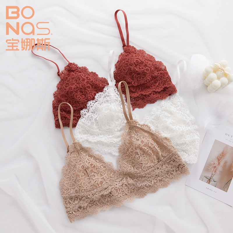 宝娜斯服饰旗舰店宝娜斯夏季内衣女文胸美背无钢圈法式三角杯蕾丝小胸性感薄款胸罩0
