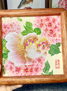 荷花金鱼纯手绘国风摆件摆台国画