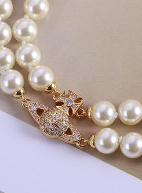 小众创意时尚设计欧美风立体满钻土星系列双层珍珠项链锁骨链女