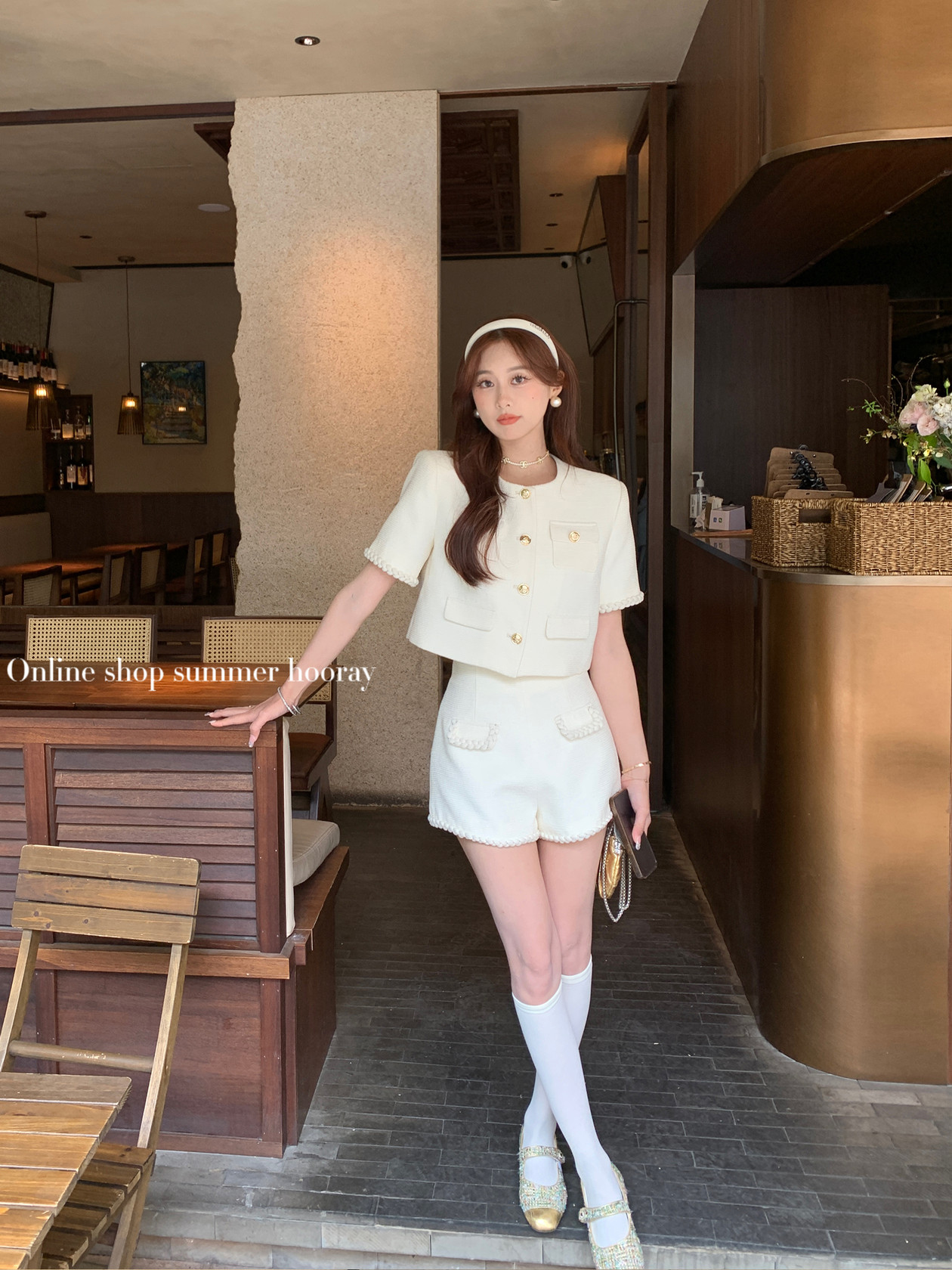 夏天家韩剧女主小个子洋装白色短袖小香风外套短裤两件套装女夏季 - 图2