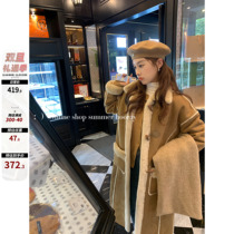 Summer home buffalo horn buckle suede leather fur integrated lamb wool jacket female autumn and winter medium length thickened large coat