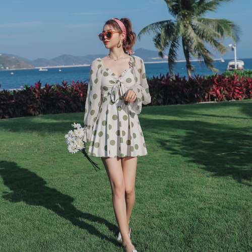 大波点长袖款品ins韩国泳装小胸聚拢裙式连体显瘦遮肚母女游泳衣 - 图2