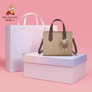 稻草人包包女小众真皮红色女士手提包单肩包通勤斜挎包托特包女包