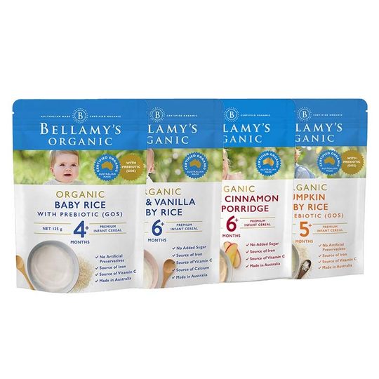 澳州BELLAMYS贝拉米4+5+6+婴儿米粉原味南瓜香草苹果奶糊125g/袋