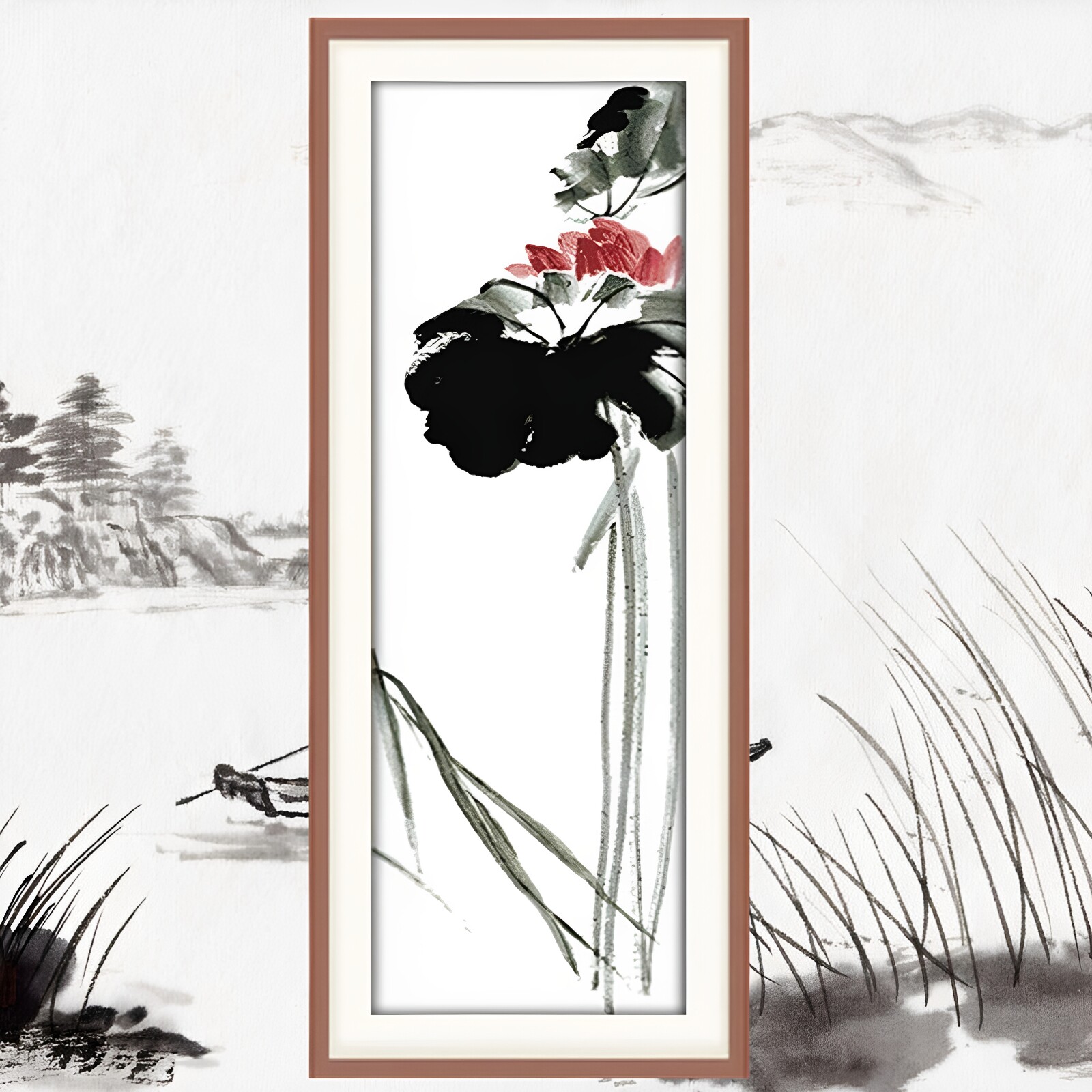 自己绣水墨荷花十字绣红荷国画竖版2026新款玄关长条莲花简单绣