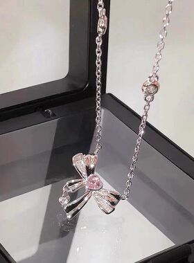 锆石甜美锁骨时尚网爱心通勤不锈钢气质链蝴蝶结红粉色女轻奢项链