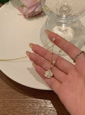 潮风颈链山茶花女轻高级链珍珠