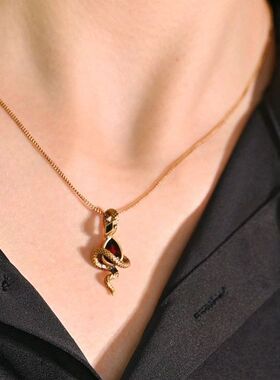 红宝石爆款新款生肖杈链杖锁骨项链精致小红书2024复古蛇形金蛇黑